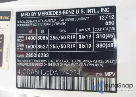2013 Mercedes-Benz Ml 350 4Matic из США, поврежденный, VIN 4JGDA5HB5DA174224